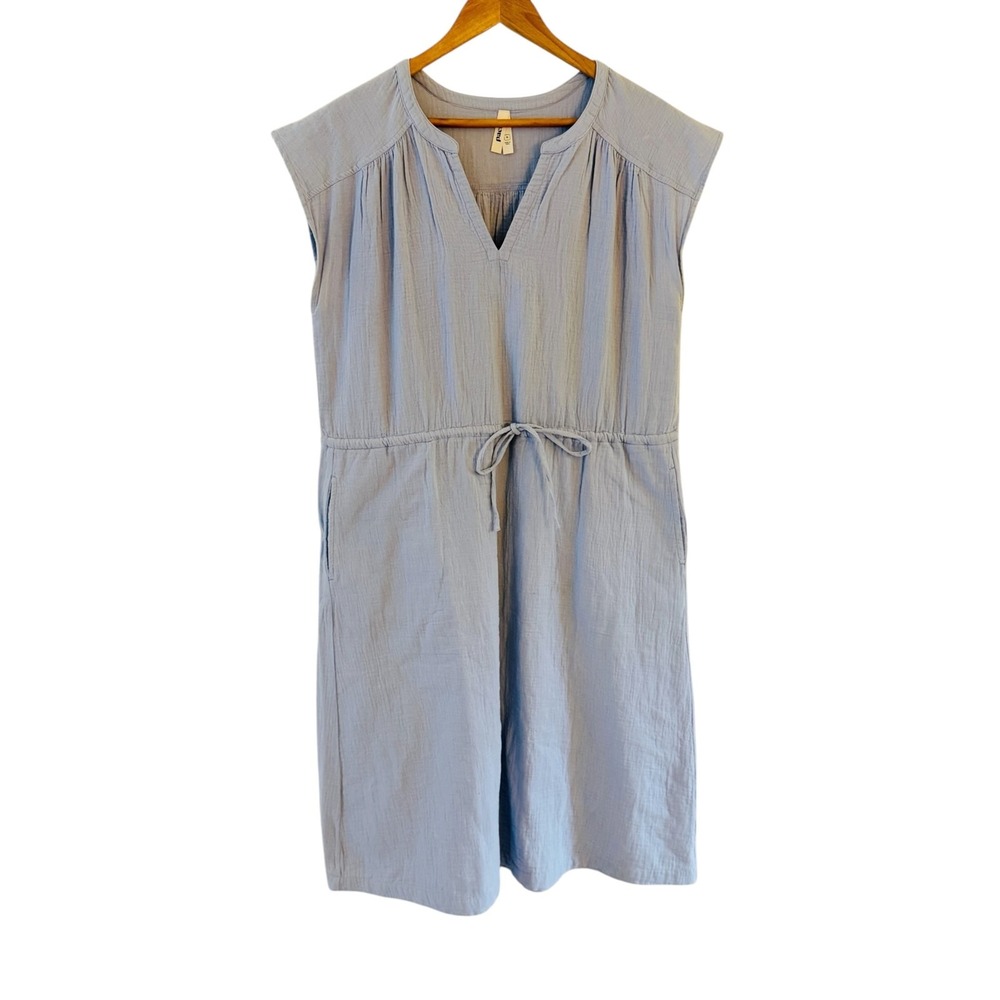 Pact Organic Cotton Gauze Dress Womens M Blue V Neck Pockets Beach Resort